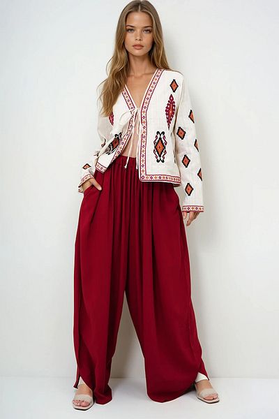 VAGGON Pantaloni țesuți largi, cu buzunare duble, bordeaux, pentru femei Prmx13879