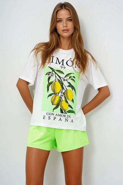 VAGGON Women's Lemon Green Lemon Printed Cotton Basic T-Shirt and Shorts Pajama Set Pjmx13903