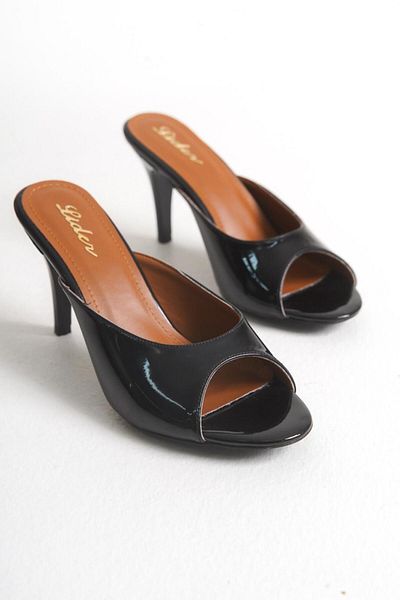 LDR Women's Black Patent Leather Thin Heeled Open Toe Slippers