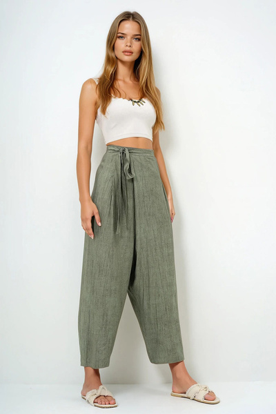 VAGGON Women's Khaki Lacing Detailed Shalwar Cut Aerobin Trousers Prmx13896