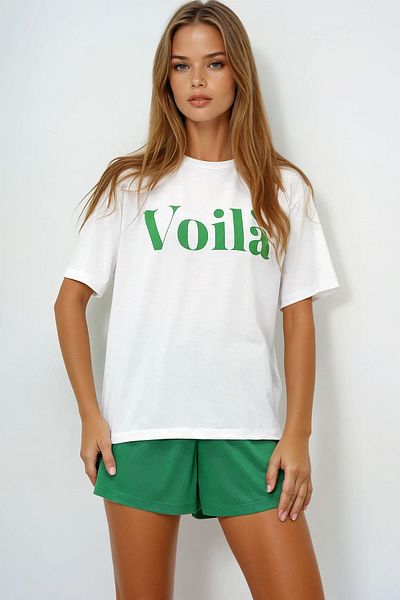 VAGGON Women's Green Front Text Printed Cotton Basic T-Shirt and Shorts Combed Cotton Bottom Top Set Pjmx13902
