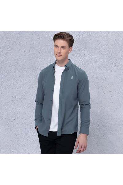 Giordano Men's Cotton Oxford Shirt - Small Lion Embroidery, Slim Fit, Full Button