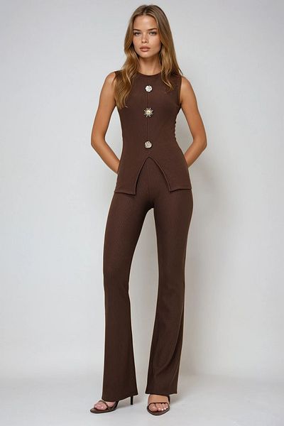 VAGGON Women's Brown Crew Neck Gold Buttoned Front Slit Ottoban Blouse and Flared Trousers