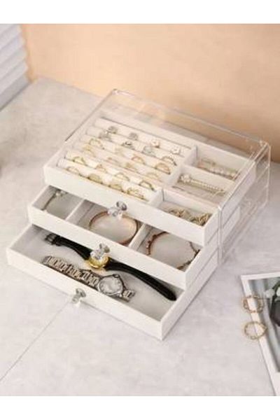 Generica 3-Tier Accessory Organizer with Acrylic Cover, Beige