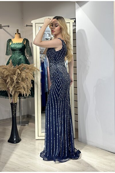 E&A Eren Abiye KADIN LACİVERT KALIN ASKILI TAŞ BASKI BALİK ABİYE