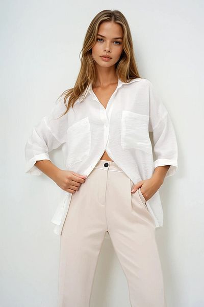 VAGGON Women's White Double Pocket Oversize Woven Shirt Prmx13960