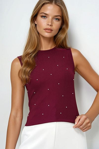 VAGGON Women's Burgundy Crew Neck Pearl Studded Summer Crop Blouse Prmx14113