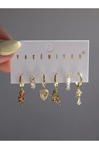 Reorah Collection Rose & Heart Earring Set-Zircon Stone Heart Tulip Earring Set