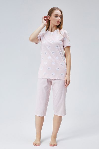 M MOONCOVER Women's Capri Patterned Pajama Suit 100% Cotton Combed Fabric