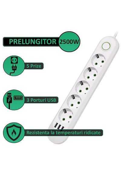 NEXTLY Prelungitor Cu 5 Prize Si 3 Porturi Usb , Intrerupator, Suport De Agatare, Rezistent