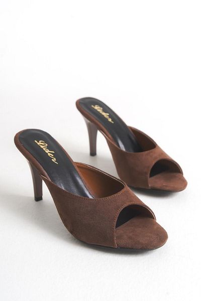 LDR Women's Brown Suede Thin Heeled Open Toe Slippers