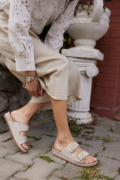 ANGELİNA JONES Parsy Women's Beige Real Suet Double Buckle Slippers