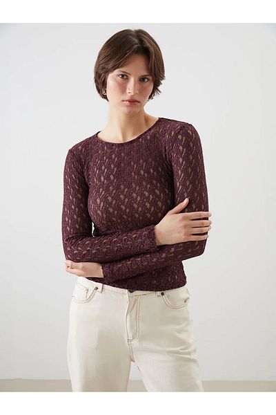 LC Waikiki Bluză LCWAIKIKI Classic Plum Crewneck cu volan