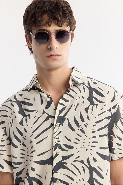 Avva Men's Beige-Anthracite Bottom Brit Collar Modal Blended Printed Short Sleeve Shirt A51Y2109