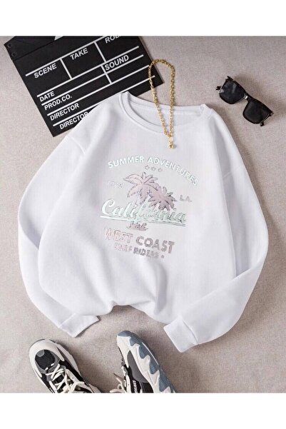 Topçu Beyaz California Baskılı Unisex Çocuk Sweatshirt