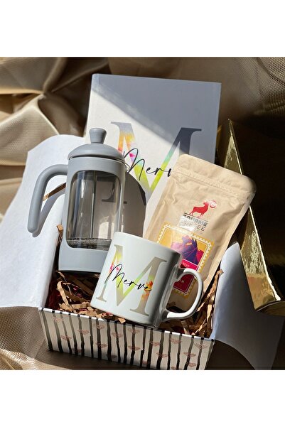 Gift Moda Kişiye Özel Harfli Sert Kapaklı Defter Kupa French Press Ve Filtre Kahve Hediye Seti