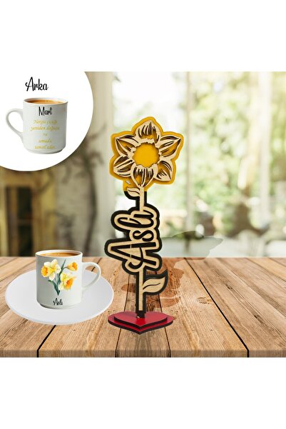 EJOYA Kişiye Özel İsimli Doğum Ayı Çiçeği Ahşap Biblo ve Türk Kahvesi Fincanı...