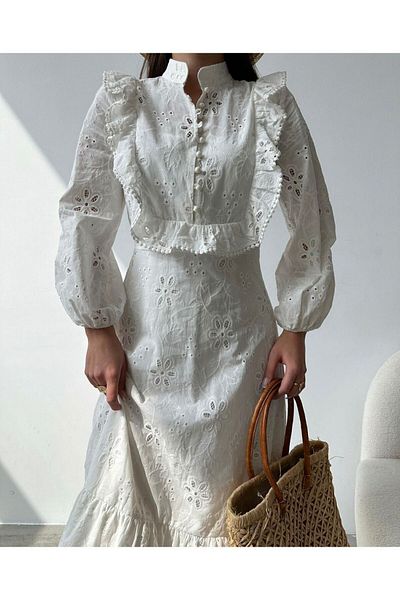 Swan Woman Φόρεμα με κεντητό βολάν με λεπτομέρειες