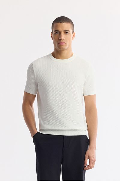 Avva Men's Ecru Crew Neck Textured Knitwear T-Shirt B 005119