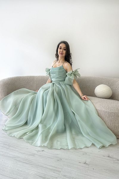 the ZKS Women's Front Draped Halter Neck Bow Sleeve Detail Organza Evening Dress Baby Blue, Aqua Green