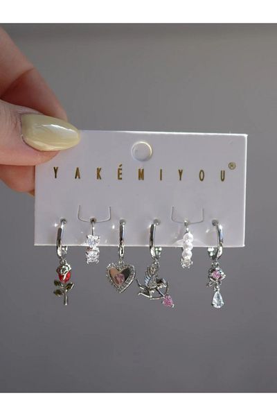 Reorah Collection Rose & Heart Earring Set-Zircon Stone Heart Tulip Earring Set