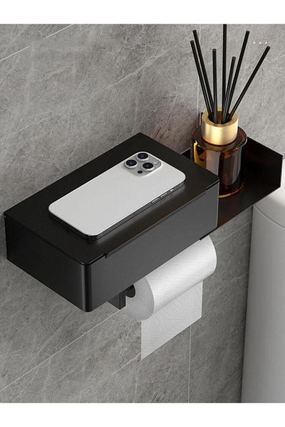 SMARTECH Toilet paper holder, with shelf and storage box, Aluminum, Black