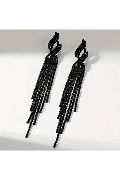 SE Jewellery Collection Selin Ersoy Black Stone Spiral Model Long Tassel Dangle Women's Evening Dress Earrings