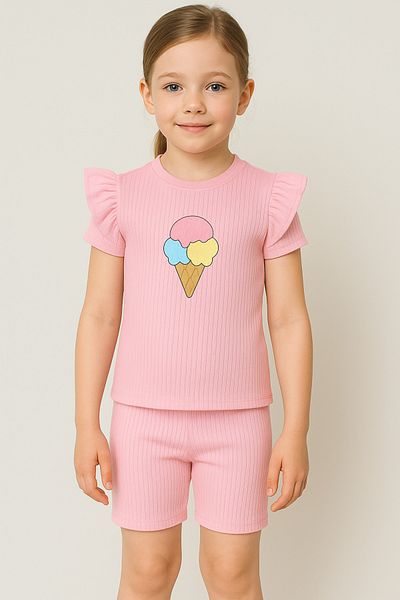 Bubito Pink Embossed Ice Cream Cotton Baby Girl Shorts Set