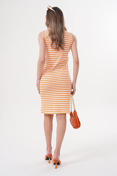 Miss Dünya Lissa Kolsuz Yuvarlak Yaka Fittilli Kaşkorse Çizgili Midi Hamile ve Lohusa Elbisesi