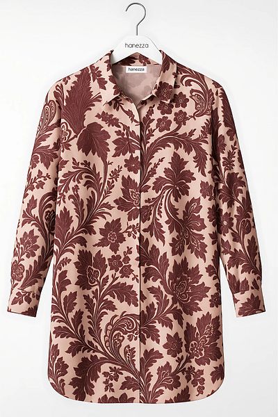 Hanezza Elegant & Romantic "Vienna Garden" Patterned |   Large Size Flocked Satin Tunic-Shirt