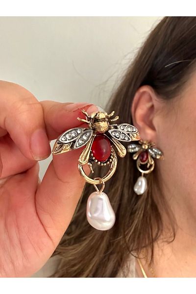 ALS Tasarım Dünyası Women's Gold Color Transition Zircon Stone Bee Figured Earrings with Pearl