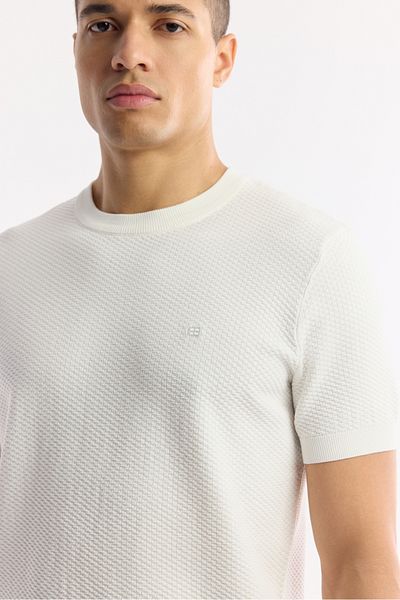 Avva Men's Ecru Crew Neck Textured Knitwear T-Shirt B 005119