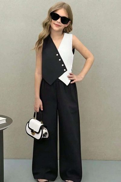 Riccotarz Girl Asymmetrical Cut Double Color Vest Palazzo Pants Black Bottom Top Set