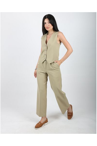 DEQ FASHION Water Green Women's Bow Buttoned Vest Trousers Double Set
