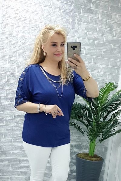 Bİ.GİYSEN Women's Large Size Navy Blue Shoulders Laced Detachable Pearl Necklace Lycra Buluz