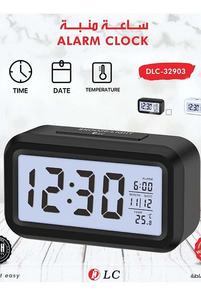 DLC Digital Alarm Clock Showing Date and Temperature