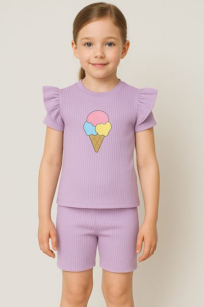 Bubito Cotton Baby Girl Shorts Set - Embossed and Ice Cream Image, Purple