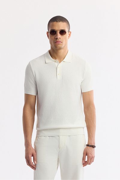 Avva Men's Ecru Polo Neck Textured Knitwear T-Shirt B 005120