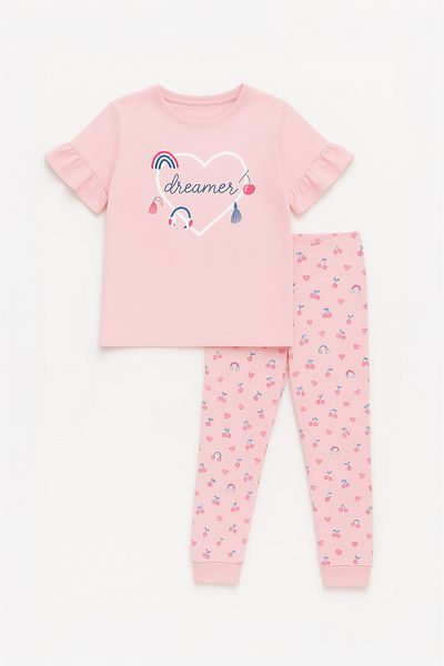 Little Frog Printed and Patterned T-Shirt Tracksuit Girls' Pajama Set