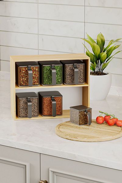 İronika İronika Set of 6 Spice Jars with Bamboo Stand, Spoon and Lid, Spice Storage Box