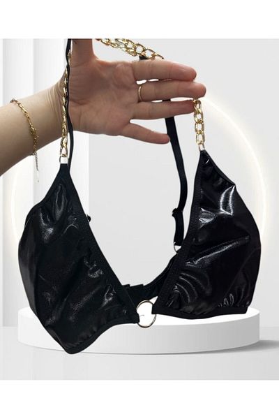 İntive Lingerie Jesica Μαύρο γυαλιστερό υφασμάτινο σουτιέν Λεπτομερή μίνι φούστα-Bralet-String-Crown Σετ