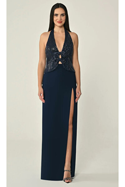 ALFABETA KADIN ABİYE V YAKA ÜSTÜ PAYET ETEĞİ KREP ŞIK UZUN ELBİSE