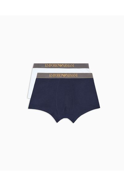 Emporio Armani Men's 2 Pack Soft Textured Logo Elastic Waist Navy-White Boxer Em 000253   Af10787-M0079