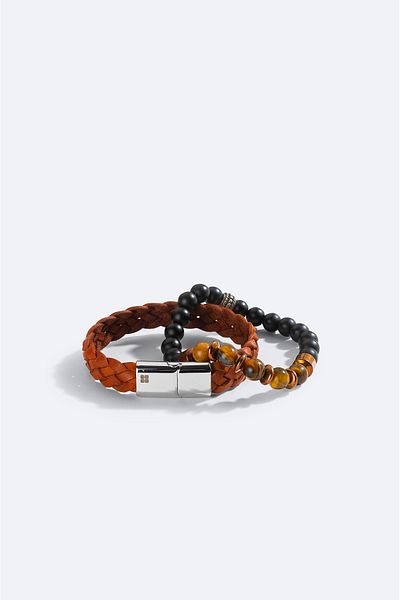 Avva Men's Brown Leather and Stone Bracelet A51Y9607