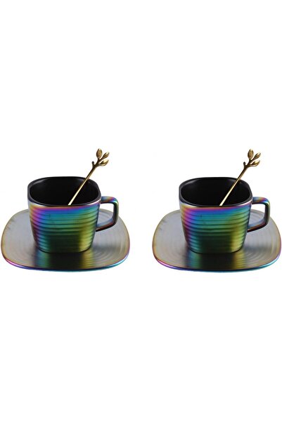 HIHOMEY طقم أكواب وصحن سيراميك مكون من 6 قطع مع ملعقة