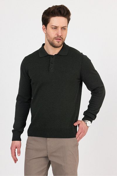 hateko Pure 100% Cotton Khaki Polo Collar Knitwear Sweater