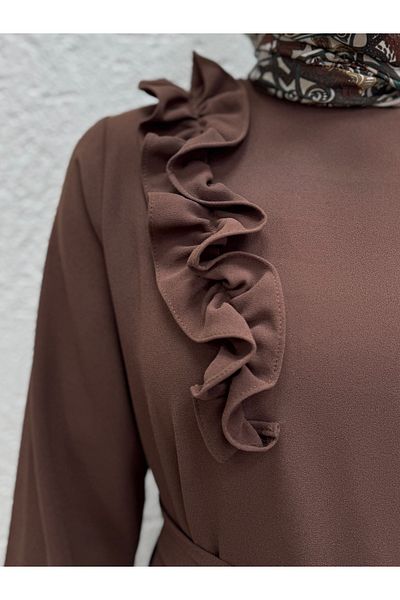 Ebrar Store Tuğçe Shoulder Ruffled Crepe Dress-Pa9214 Brown