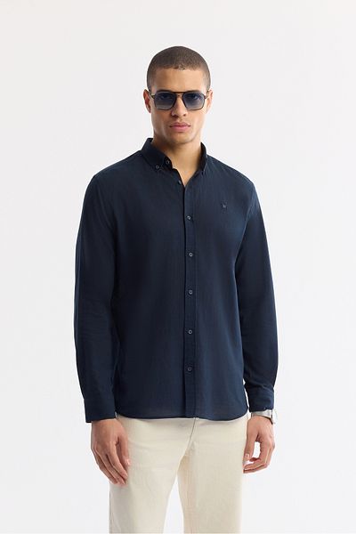 Avva Men's Navy Blue Regular Fit 100% Cotton Slim Soft Tuşe Button Collar Long Sleeve Standard Cut Shirt
