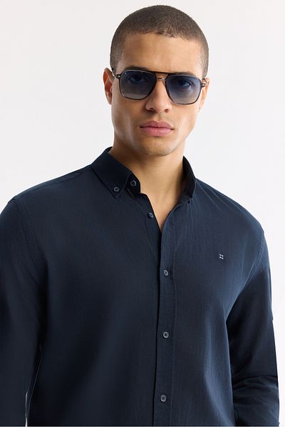 Avva Men's Navy Blue Regular Fit 100% Cotton Slim Soft Tuşe Button Collar Long Sleeve Standard Cut Shirt