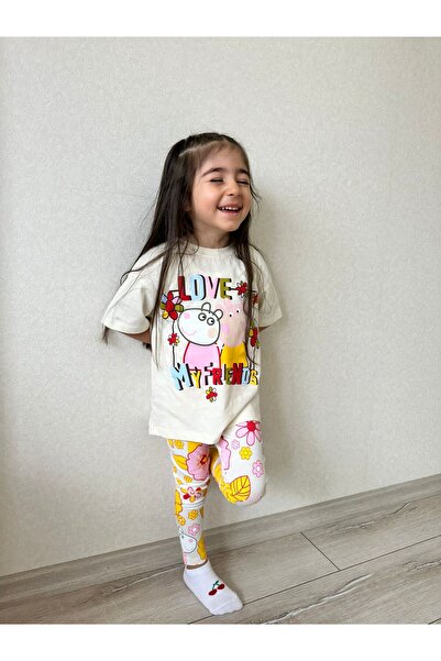 OEM Kız Çocuk Peppa Pig Taytlı Baskılı Pamuklu Alt-üst takım